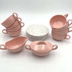 Vintage Mayfair “Rosalie” Melmac Melamine MCM Tea Set, Cream, Sugar Bowls